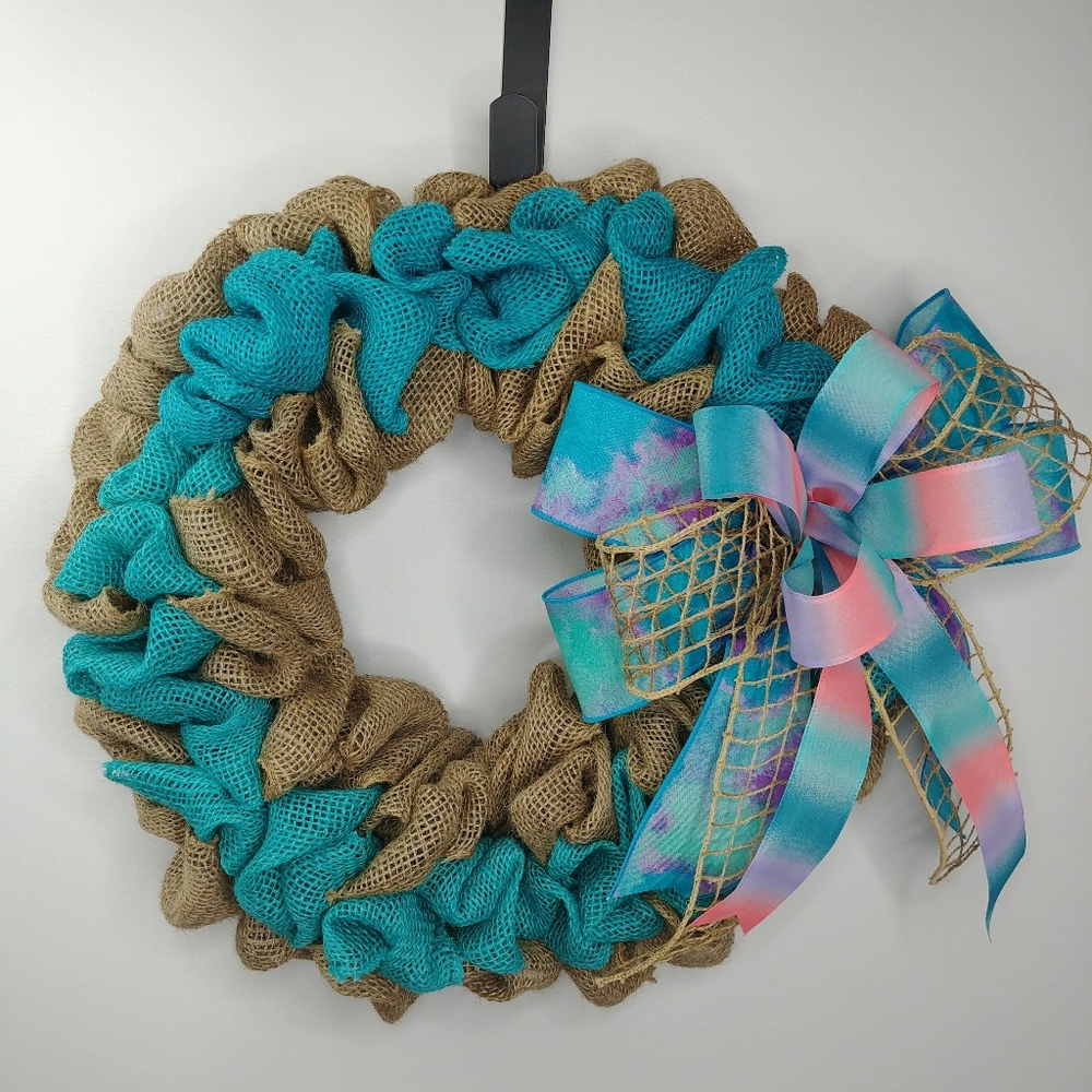 Burlap Natural and Teal Handmade Wreath